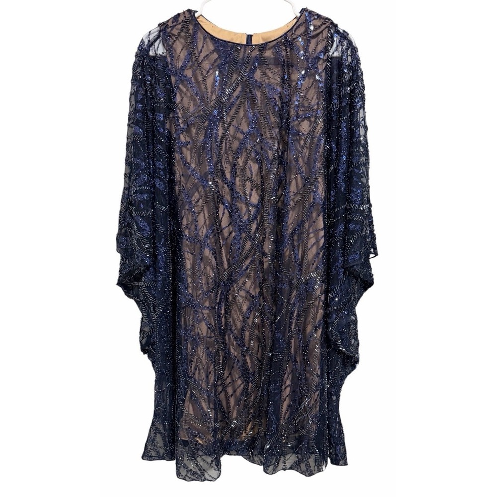 $568 Tadashi Shoji Blue Beaded Sequined Jewel Neck Sheath Dress Women's Size S